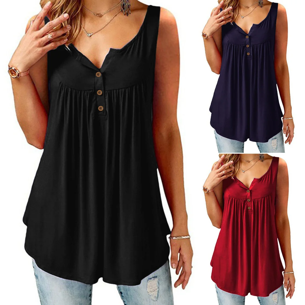 Wine Femmes Mode red Lâche Été Plus cadetblue Solide cou Manches De Blouses Bouton V Blusas Plis Sans Black Couleur Dames Débardeurs Chemises Taille Bureau xqYqOAwg