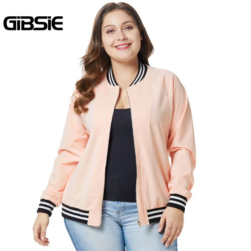 

GIBSIE XXXL 4XL Women Striped Patchwork Full Zipper Jacket Coat Outwear Long Sleeve Autumn Jacket Plus Size Women's Clothing