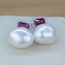 Women Gift word 925 Sterling silver real Natural special-shaped Pearl Stud Earrings, 13-14mm big Baroque Baroque 925 Sterling Si