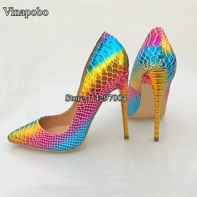 New Pointed Toe Shoes Women Colorful Rainbow Snake Printed Pumps 8/10/12cm High Heels Genuine Leather Stilettos Women Shoes