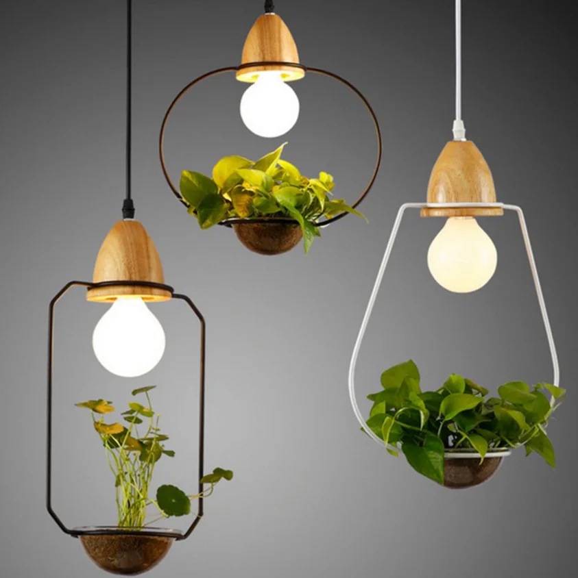 Art Deco Led Plant Pendant Light With Wood Base E27 Creative Rustic Pot