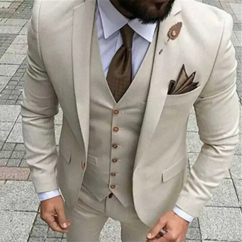 

Beige Groom Tuxedos Slim Fit Men Suits for Wedding Man Blazer Notched Lapel 3Piece Latest Coat Pants Designs Men Suits Jacket