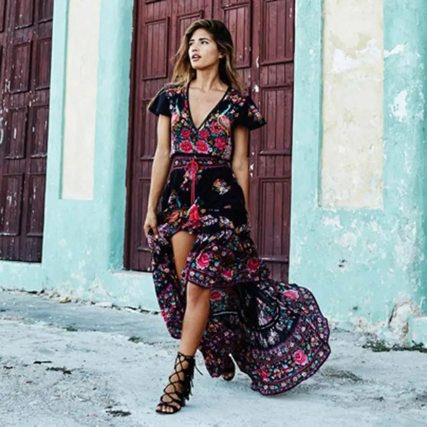 

KANCOOLD dress new high quality fashion Print Floral Retro Palace V-Neck Evening Party Dress Belt casual dress women MAR7