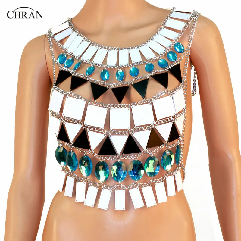 

Chran Perspex Crop Top Sonus Festival Bra Harness Necklace EDC Outfit Wear Body Lingerie Metallic Bikini Tank EDM Jewelry CRM804