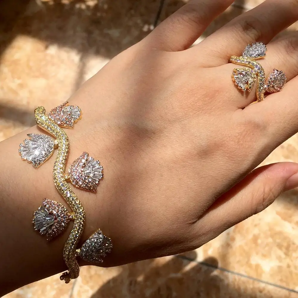 Новый Дизайн Роскошный цветок Форма кубический циркон браслет кольцо наборы для женщин, высокое качество Вечерние/свадебные ювелирные наб... Новый Дизайн Роскошный цветок Форма кубический циркон браслет кольцо наборы для женщин, высокое качество Вечерние/свадебные ювелирные наб...