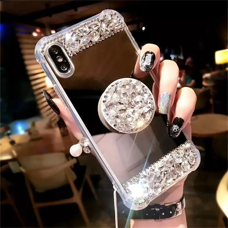 

Rhinestone Mirror Phone Case For iPhone 11 Pro Max X XR Xs Max for iPhone 6 7 8 Plus Sparkle Bling Diamond Stand Soft Back Cover
