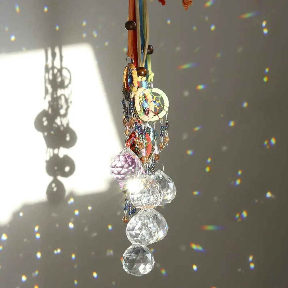 

H&D Crystal Sun Catcher and Dream Catcher for Window,Fengshui Rainbow Pendant with Chandelier 30mm Ball Prisms Home Garden Decor