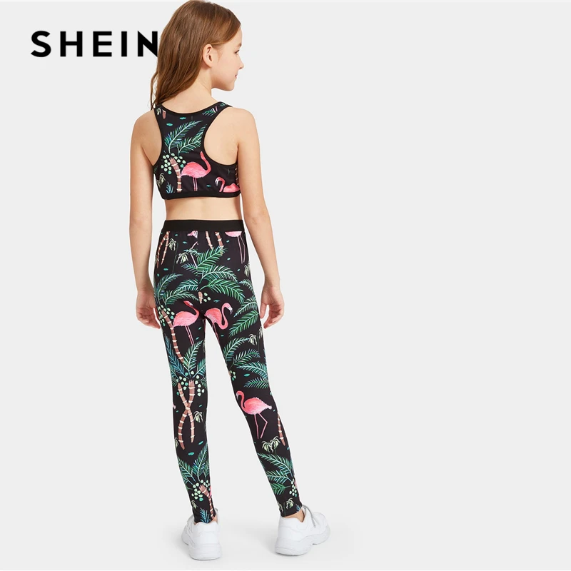 SHEIN كيدي طفل الفتيات النباتات طباعة المحاصيل الأعلى و مرونة الخصر طماق مجموعة 2019 الصيف أكمام نشط ارتداء دعوى مجموعات