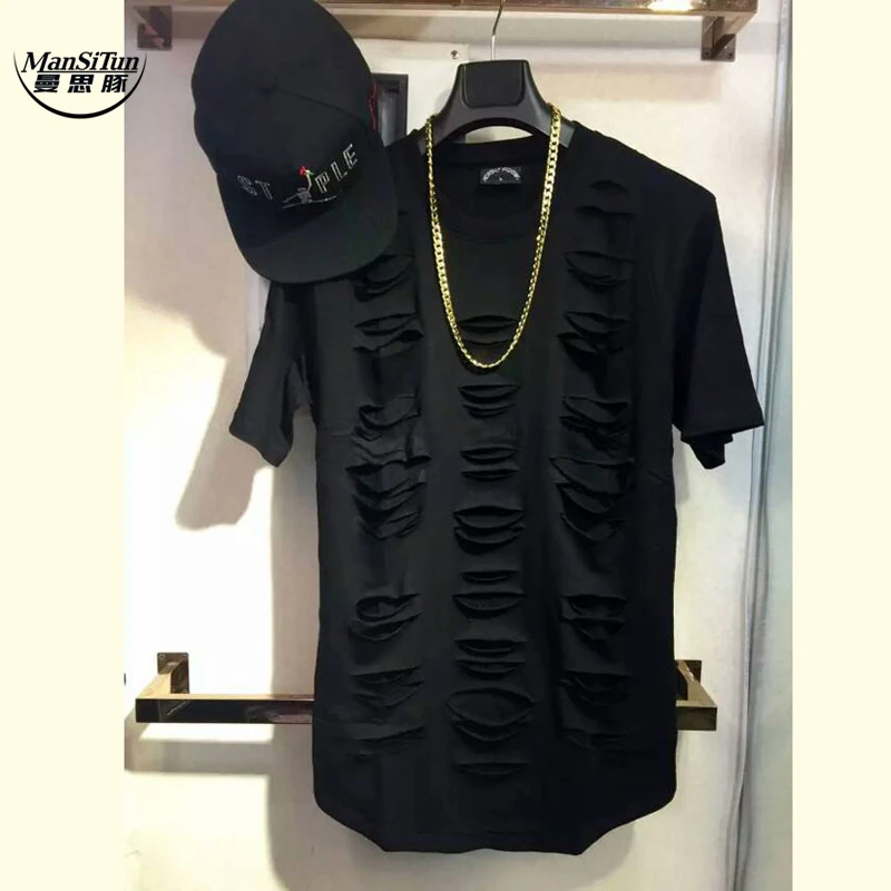 Man si Tun 2017 us Sudaderas Hombre Hip Hop T shirt Streetwear destroyed Hole Extended Tshirt
