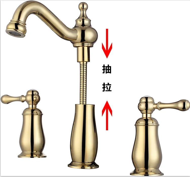 Тип Европа меднение может поднять Копченый тянуть деления все три отверстия бассейна кран для ванной ковчег lavabo Золотые Смесители