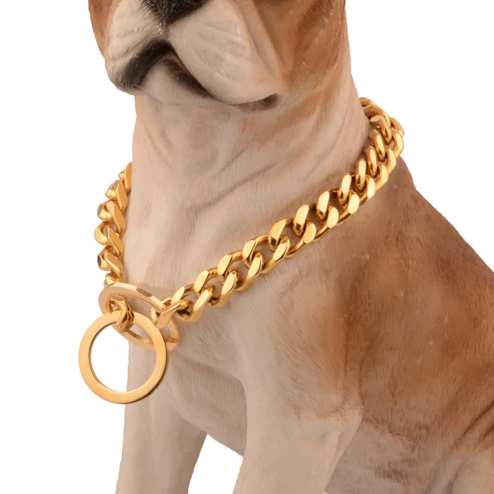 

12/14/16/18MM Wide Strong Cool Stainless Steel Gold Tone Curb Cuban Chain Pet Dog Choker Collar For Small Medium Big Dog 12-34"