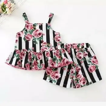 

Gilr Clothes Set Summer Off Shoulder Blouse Roes Print Short Pants 2 Pcs Striped Clothing Suit For Baby Kids Cute Sets