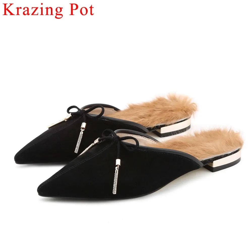 

2019 fashion genuine leather pointed toe slip on mules luxury rabbit fur bowtie Hollywood movie stars loafers vocation shoes L06