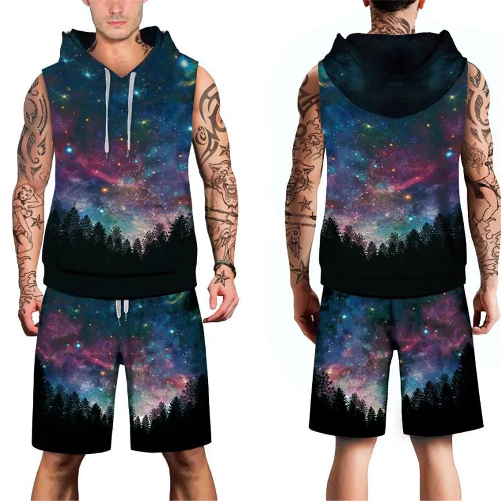 

Men 3D Vocation Set Galaxy Printed Sexy Boardshort With Cap Hoodie Vest Summer Holiday Mens Party Beachwear Swimsuit Hot Sale