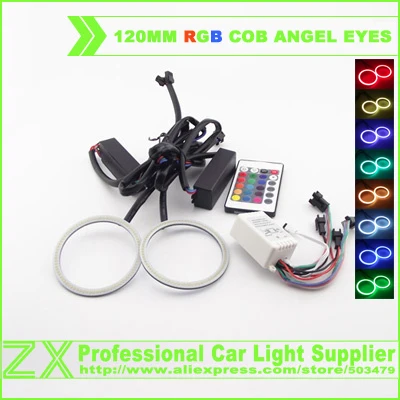 

Car-styling 120mm cob 120 LED 120leds Car Angel Eyes Halo Ring Light +IR Controller car RGB multi-color strobe flashing 12V 24V