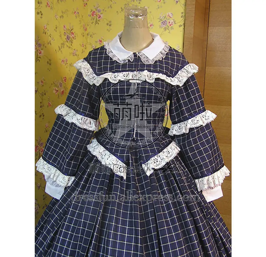 Гражданская война Викторианский Gingham бальное платье День с грациозным кружевом