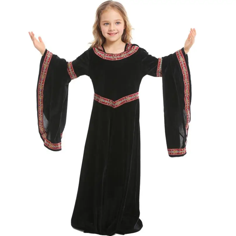 Детский карнавальный костюм на Хэллоуин для девочек, средневековое винтажное платье принцессы, платье королевы с капюшоном, платье с расклешенными рукавами, костюм вампира Y712