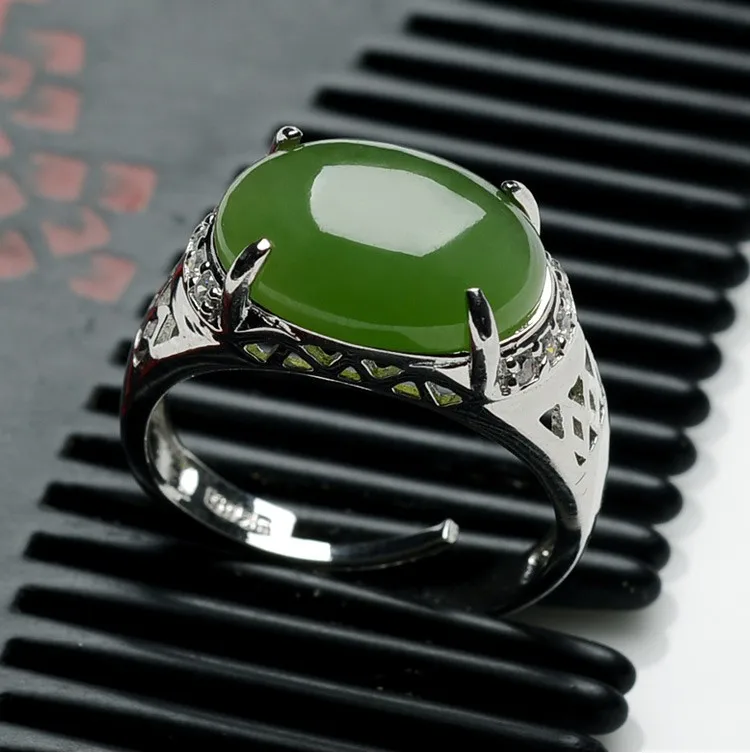 

And Tian Biyu RING 925 silver inlay spinach green yu egg noodles Mens Genuine Silver Ring Ring Retractable/
