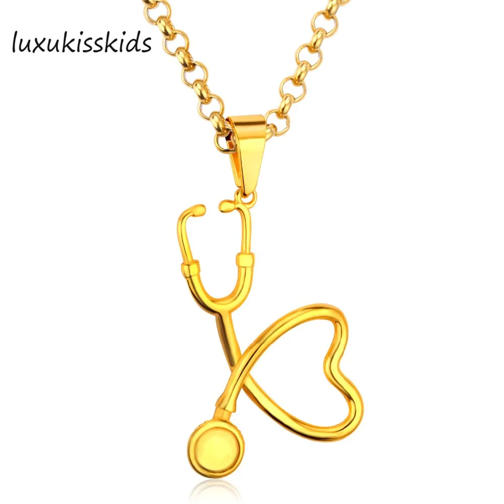 

LUXUKISSKIDS Romantic Heart To Heart Echometer Women/Men Stainless Steel Gold Pendant Necklace Lover's Doctor Nurse Jewelry