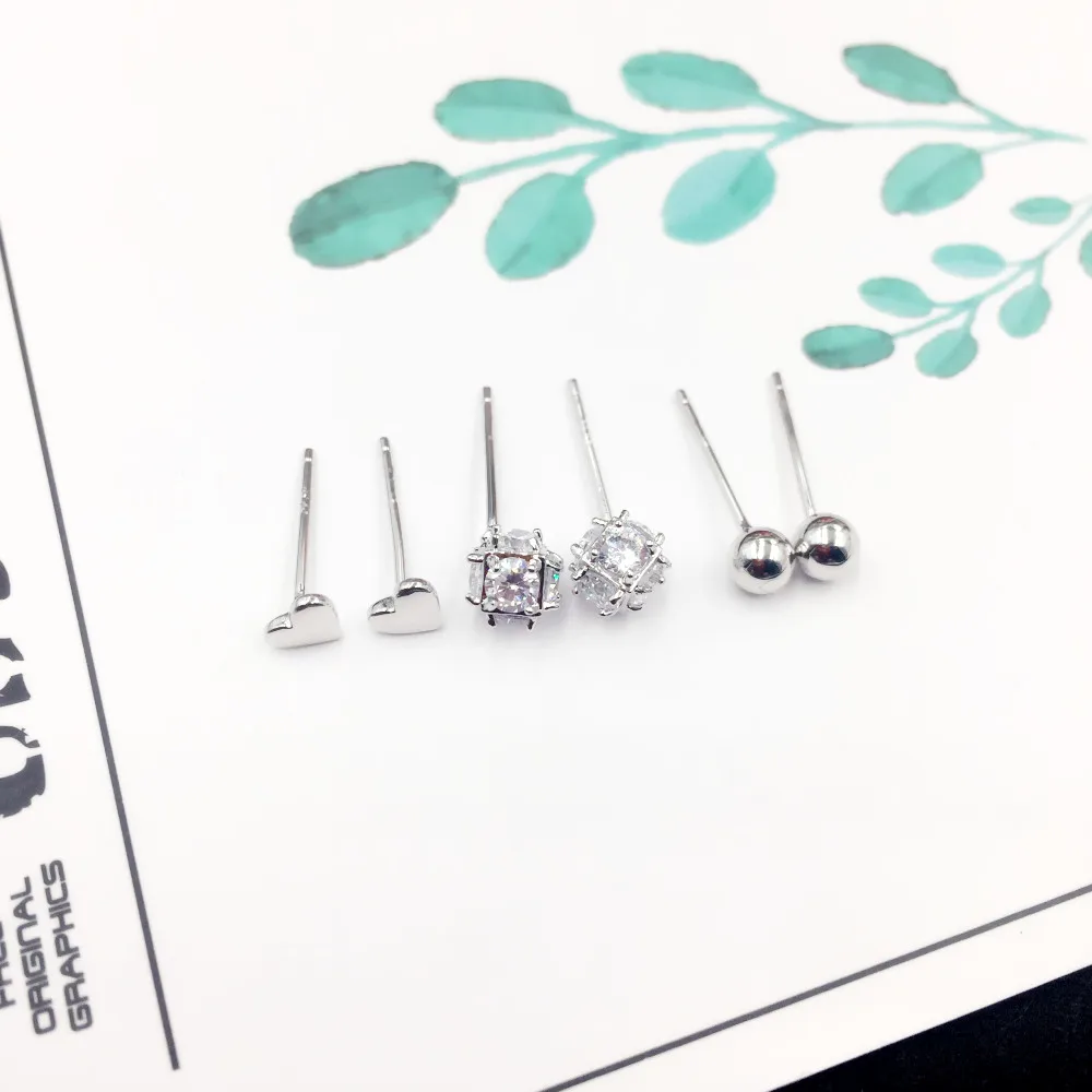 

Lovely Cubic Zircon Circle Tiny Stud Earring 925 Silver Needle Heart Earrings Set Jewelry Wedding Anniversary Gift