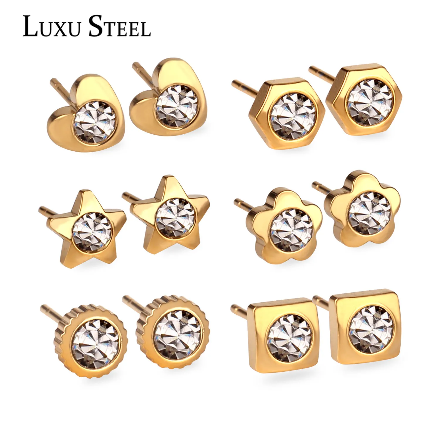 

LUXUSTEEL 6pairs/Boxes Various Shape Stainless Steel Earring Sets Cubic Zirconia Nickel-free Gold/ Silver Stud Earrings Brincos