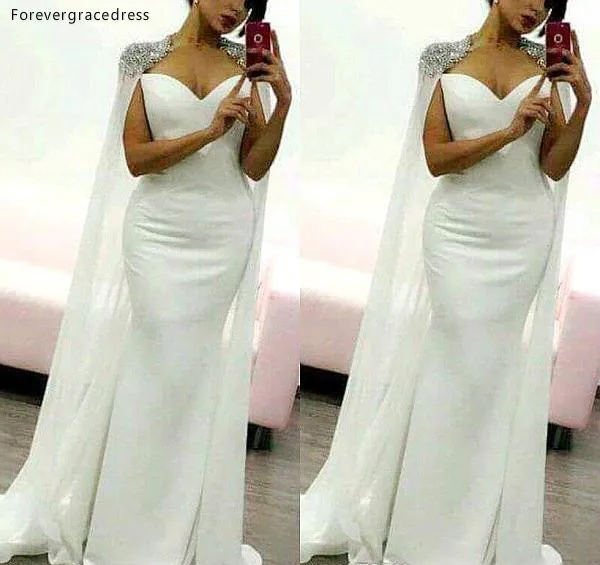 Designed 2019 New White Capped Satin Mermaid Evening Dresses Arabic Formal Gowns Beaded Prom Dresses Vestidos de fiesta BA9310  128