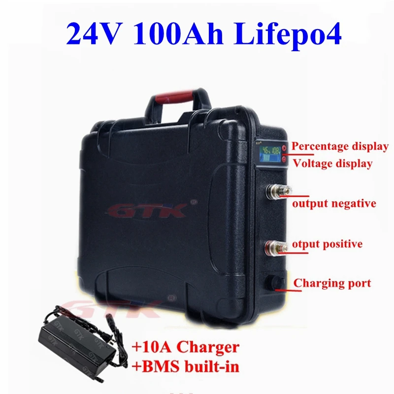 Водонепроницаемый 24v 100Ah lifepo4 литиевая аккумуляторная батарея с bms для Гольф тележка панели солнечных батарей UPS autocaravans RV Кемпер+ 10A Зарядное устройство