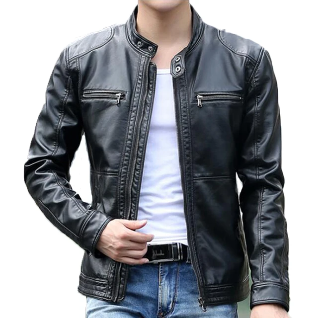 Men's leather Jacket design stand collar Coat Men casual