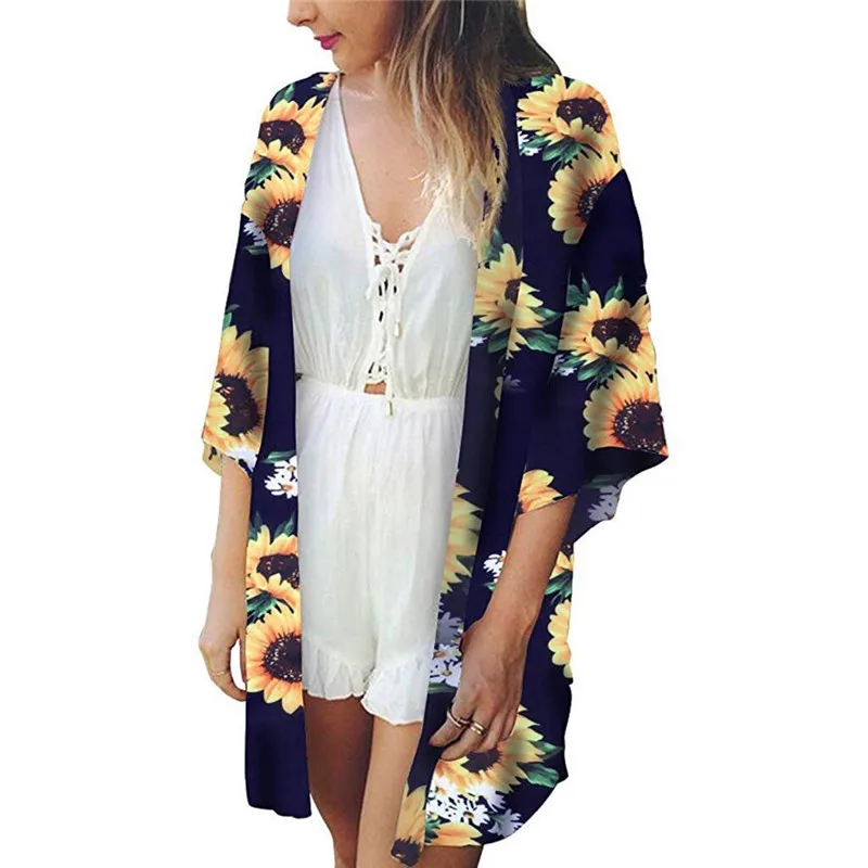 

Plus Size Kimono Cardigan Women Sunflower Print Shirt Mujer Women Blouse Loose Beach Style Casual Fashion Tops Female