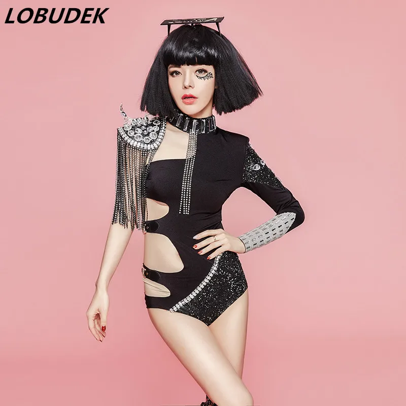 Sparkly Glass Diamond Bodysuit Sexy Hollow Out Skinny Catsuit Dance