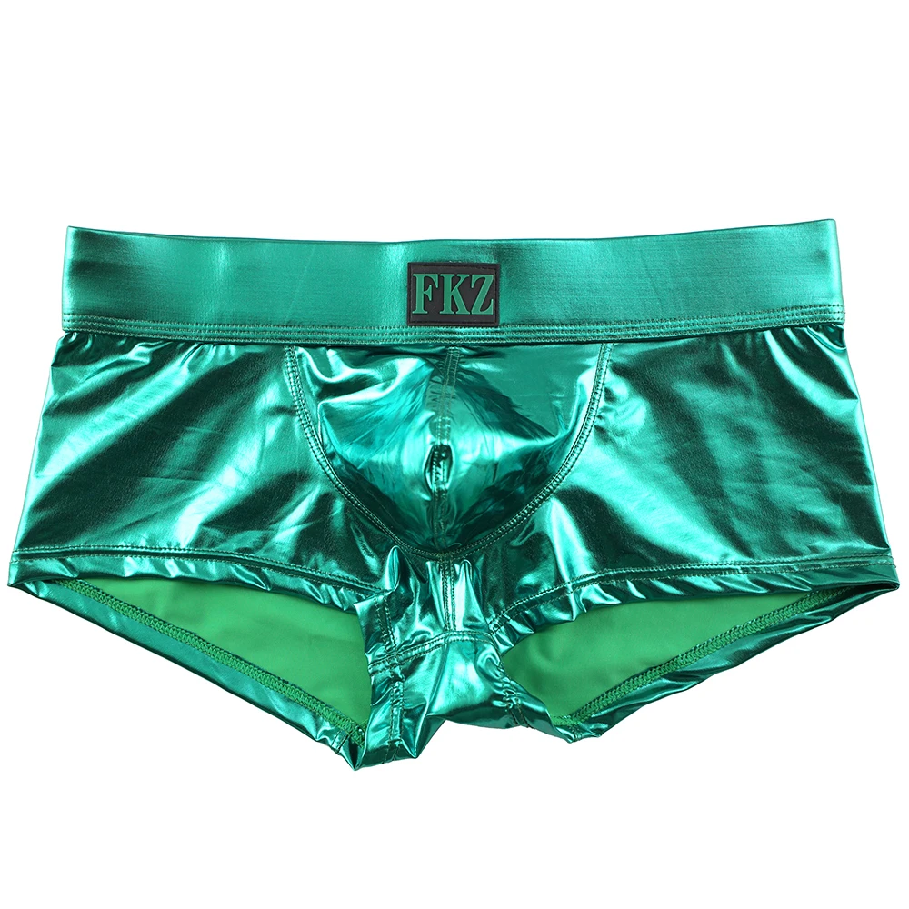 Men Boxer Shorts Sexy Male Low Rise PU Leather U Bulge Underwear Gay Party Club Boxers Shorts Bikini Underpants Cueca - Цвет: Green