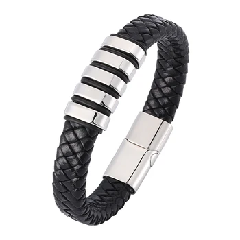 

New Men Trendy Jewelry Genuine Leather Bracelet Men Stainless Steel Charm Bracelets for Man Magnetic Clasp Punk Wristband SP0367