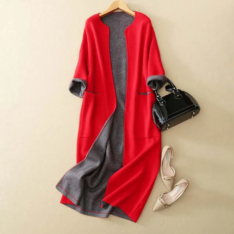 

2019 New Fashion Contrast Color Wool Blend Casual Full Length Contrast Color Very Long Coat Women Overcoat TBWA240