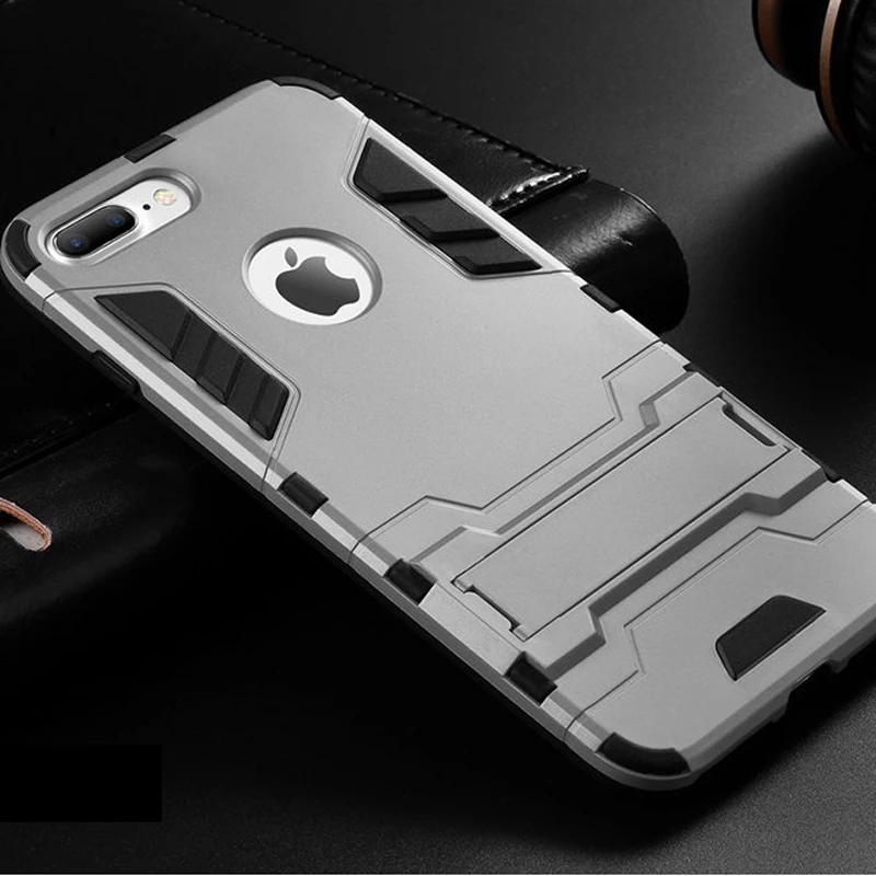 

New Luxury Soft Silicon + PC Hard Armor Iron Man Fitted Case For iPhone 8 /8 Plus Phone Anti-knock Back Cover With Stand