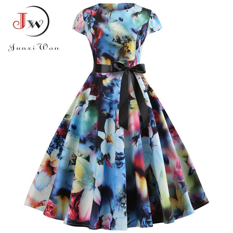 Women Vintage Dress Summer Floral Print Short Sleeve Dresses 50s 60s ...