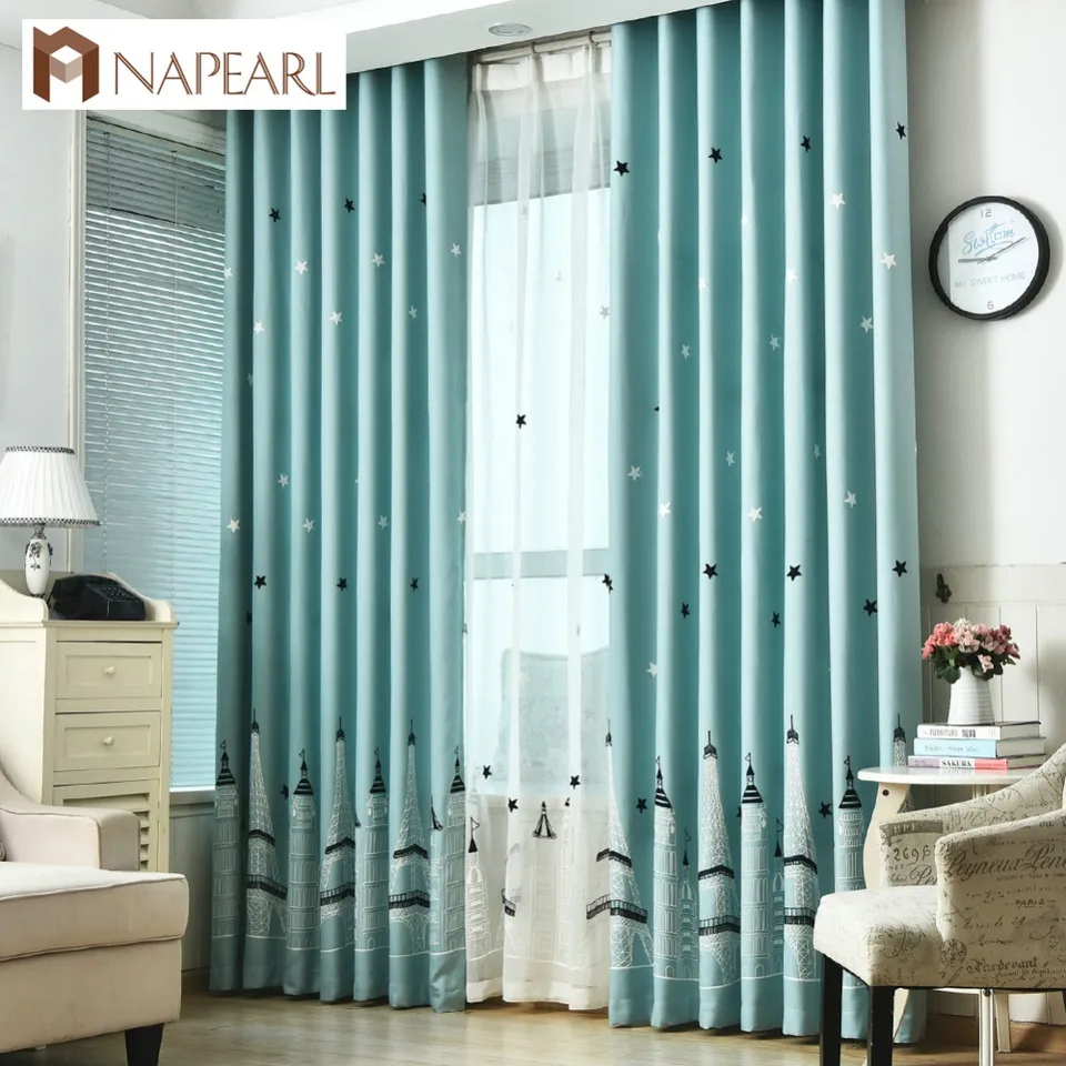 Blackout Embroidered Curtains Kid Bedroom Child Tower Navy Blue White Curtain Shade Window Treatment Curtain Panel Drapery