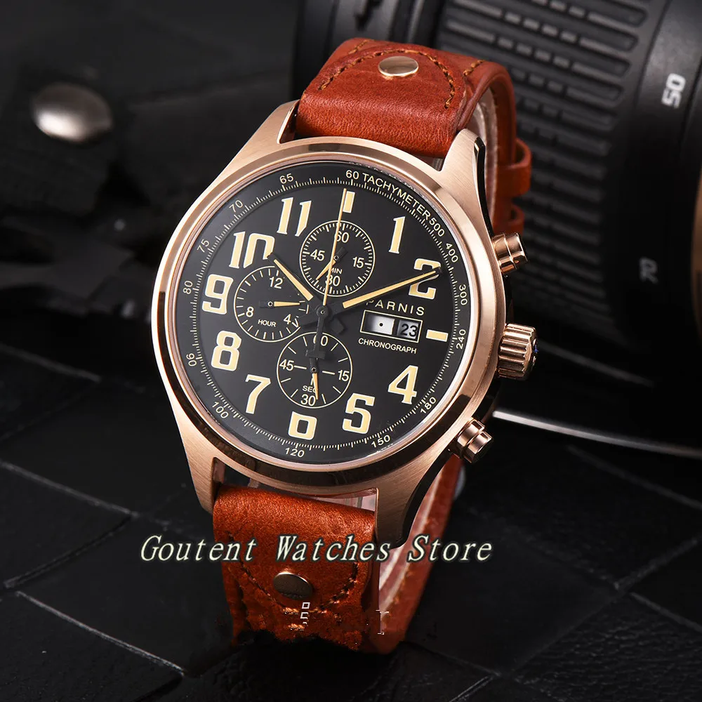 43 мм Parnis дата и День Хронограф Miyota OS00 кварцевые PVD/серебро/розовое золото корпус индикатор мужские часы