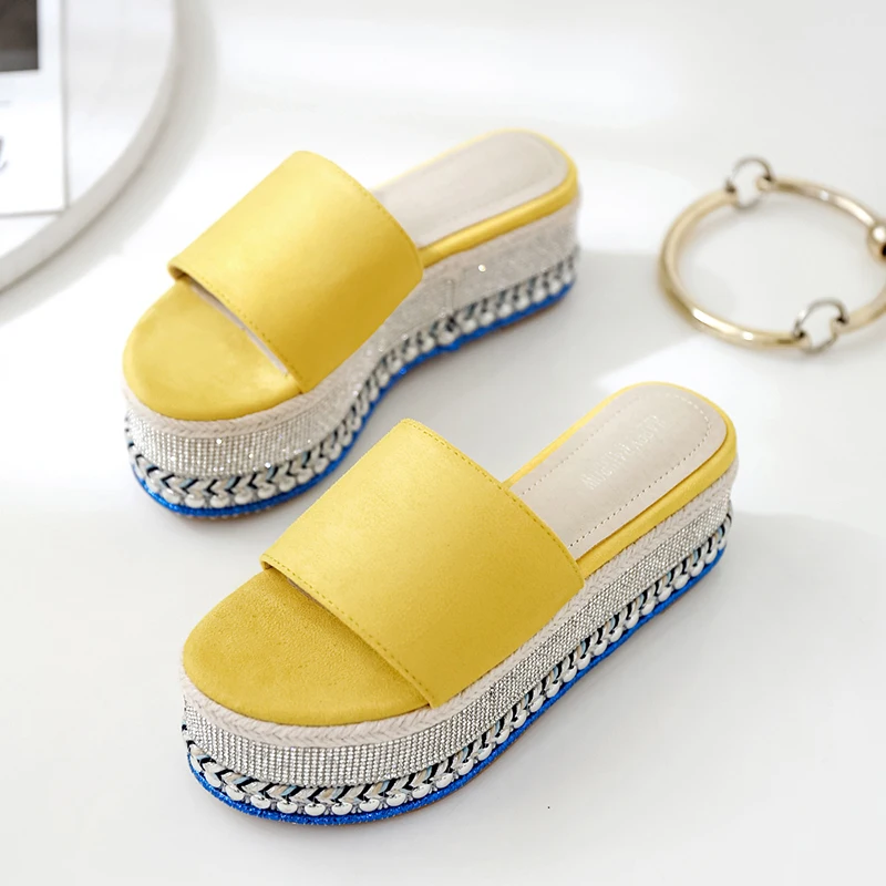 

2019 Women Crystal 6.5cm High Heels 6cm Platform Wedges Sandals Yellow Slides Diamond Slippers Comfortable Luxury Shoes YCH-6