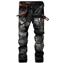 Biepa Brand Designer Men’s Denim Patches Jeans Slim Fit Embroidery Jeans Pants Washed Straight Trousers With Rivets Size 28-38