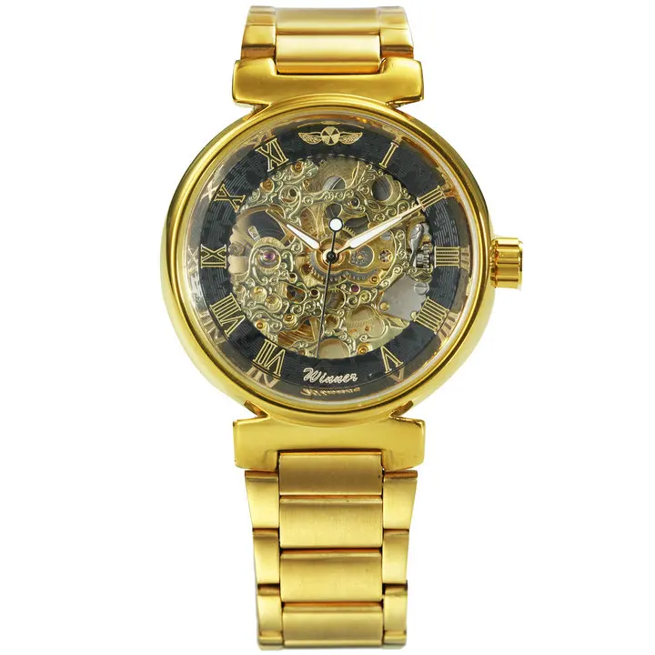 WINNER Королевский Золотой Римский автоматические женские часы светящиеся стрелки из нержавеющей стали лучший бренд роскошные механические часы с скелетом - Цвет: GOLDEN-BLACK