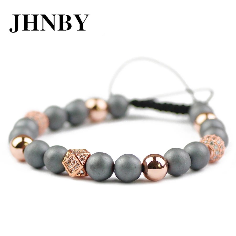 

JHNBY Geometric 8mm matte Hematite Beads Charms Men Copper Bracelet Pave CZ Lucky Braided Rope Trendy Women Bangle Jewelry Gift