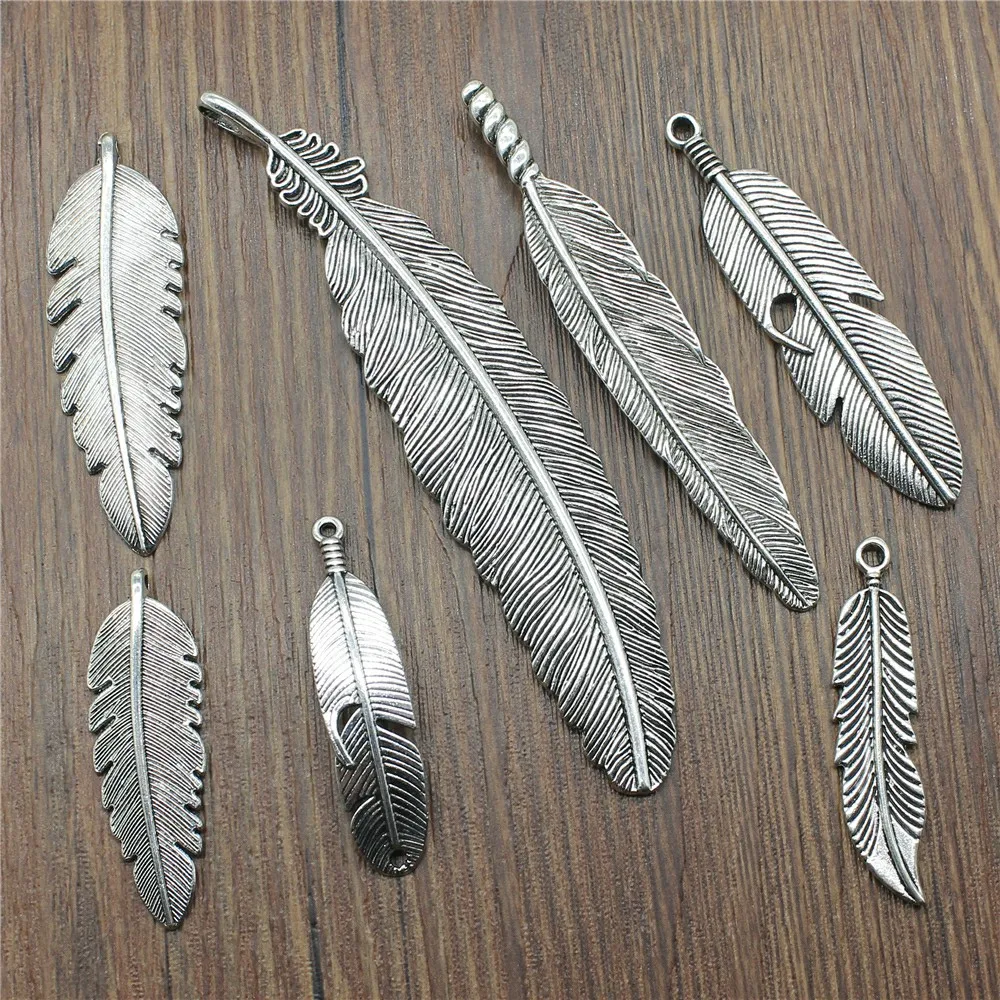 5pcs Charms Feather Jewelry Findings DIY Feather Antique Silver Color