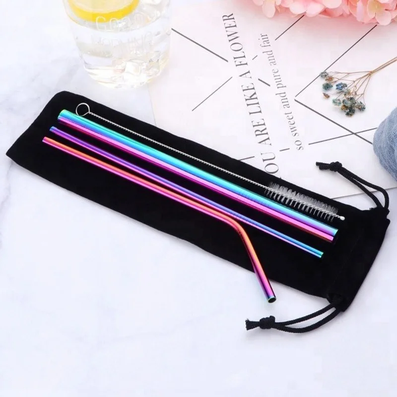 

5pcs/set Eco-Friendly Drinking Straw Stainless Steel Straight/ Bend Metal Smoothies Straws Set with Brush & Bag Bar Accessories