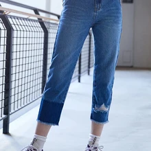 SEMIR, женские укороченные джинсы из хлопка, потертые деним, женские прямые джинсы с необработанным краем, Ретро стиль