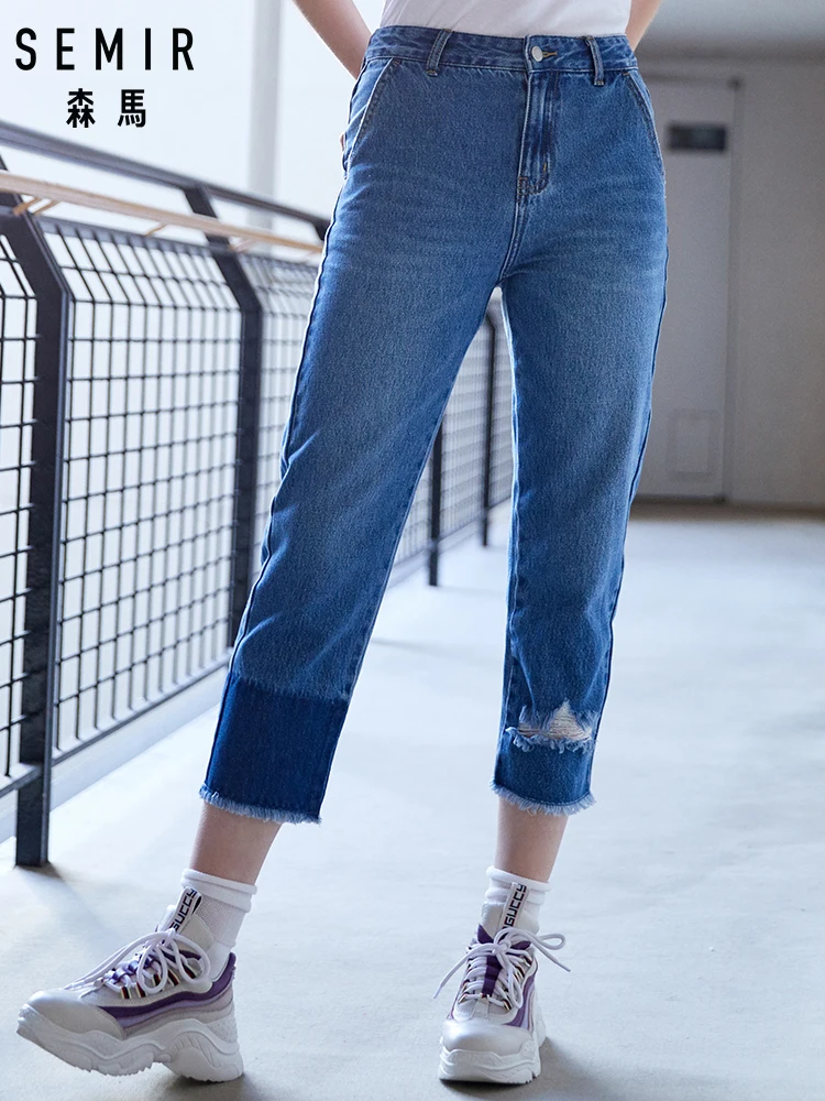 SEMIR женские укороченные джинсы из 100% хлопка потертые прямые с необработанным