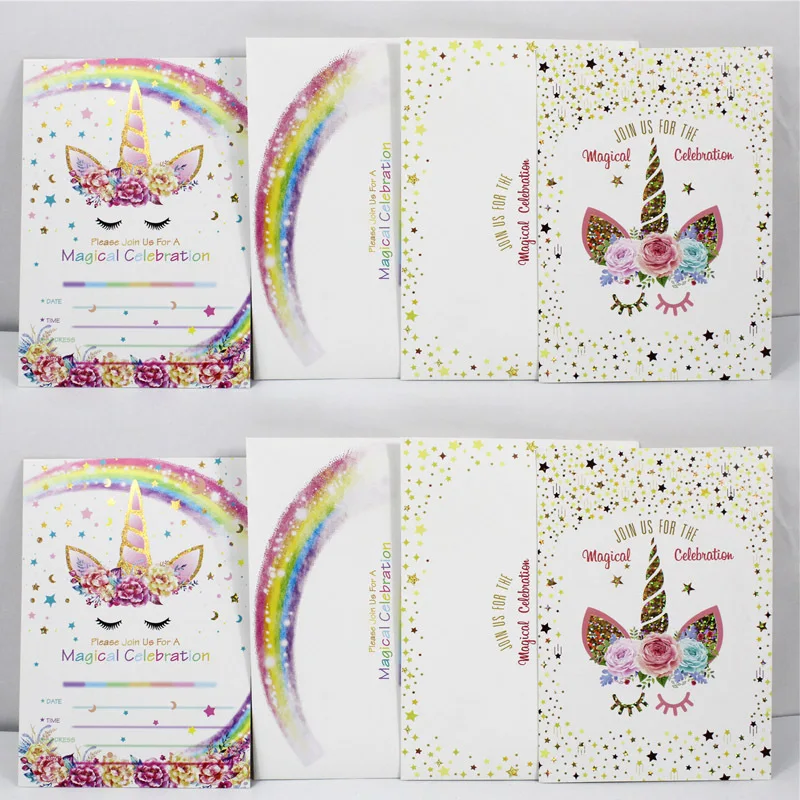  Hot Stamping Unicorn Design 12/20pcs cards Envelopes Invitation Card for kids Birthday Party Supply - 33004747197