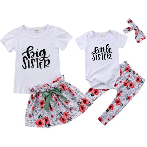 

Baby Kids Girls Little Big Sister Cotton Clothes Set Summer Short Sleeve Letter Bodysuits Outfits T Shirt Pants Skirt Floral