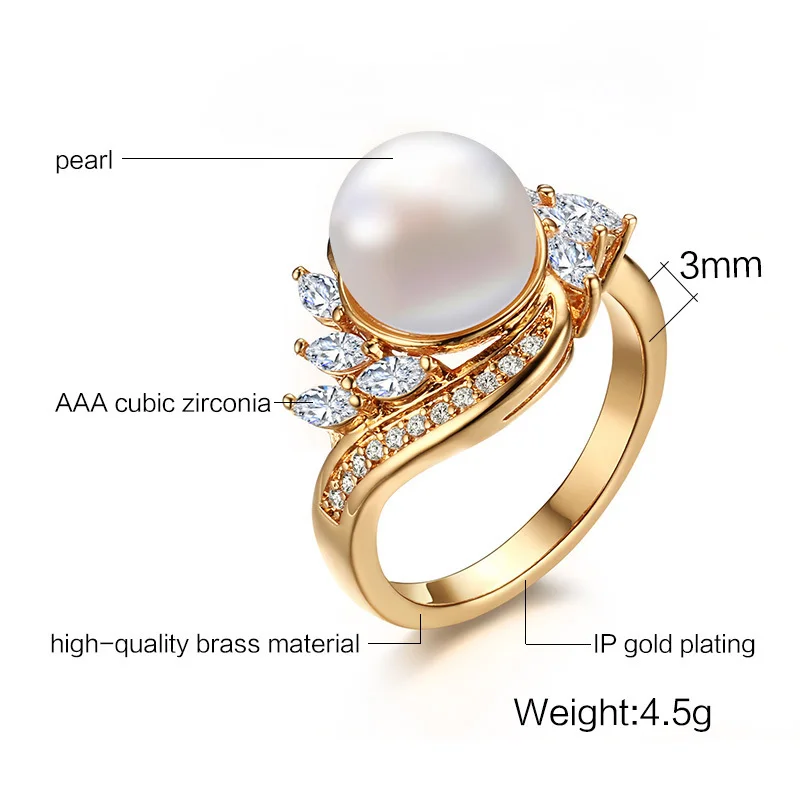 Vnox, трендовые кольца золотистого цвета с искусственным жемчугом AAA, кубическим цирконием для женщин, свадебные, вечерние, женские, Anel