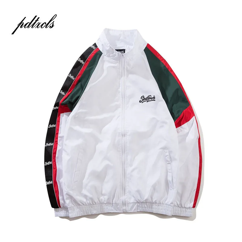 

New Sleeve Ribbon Color Block Patchwork Print Full Zip Track Jackets Men Hip Hop Casual Windbreaker Jacket Coats Male Streetwear