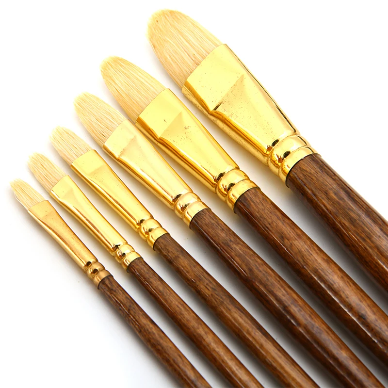 6pcs/set Bristle Hog Hair Paintbrush Wooden Handle Artist Oil Paint Brush Acrylic Drawing Brushes Painting Tool Art Supplies